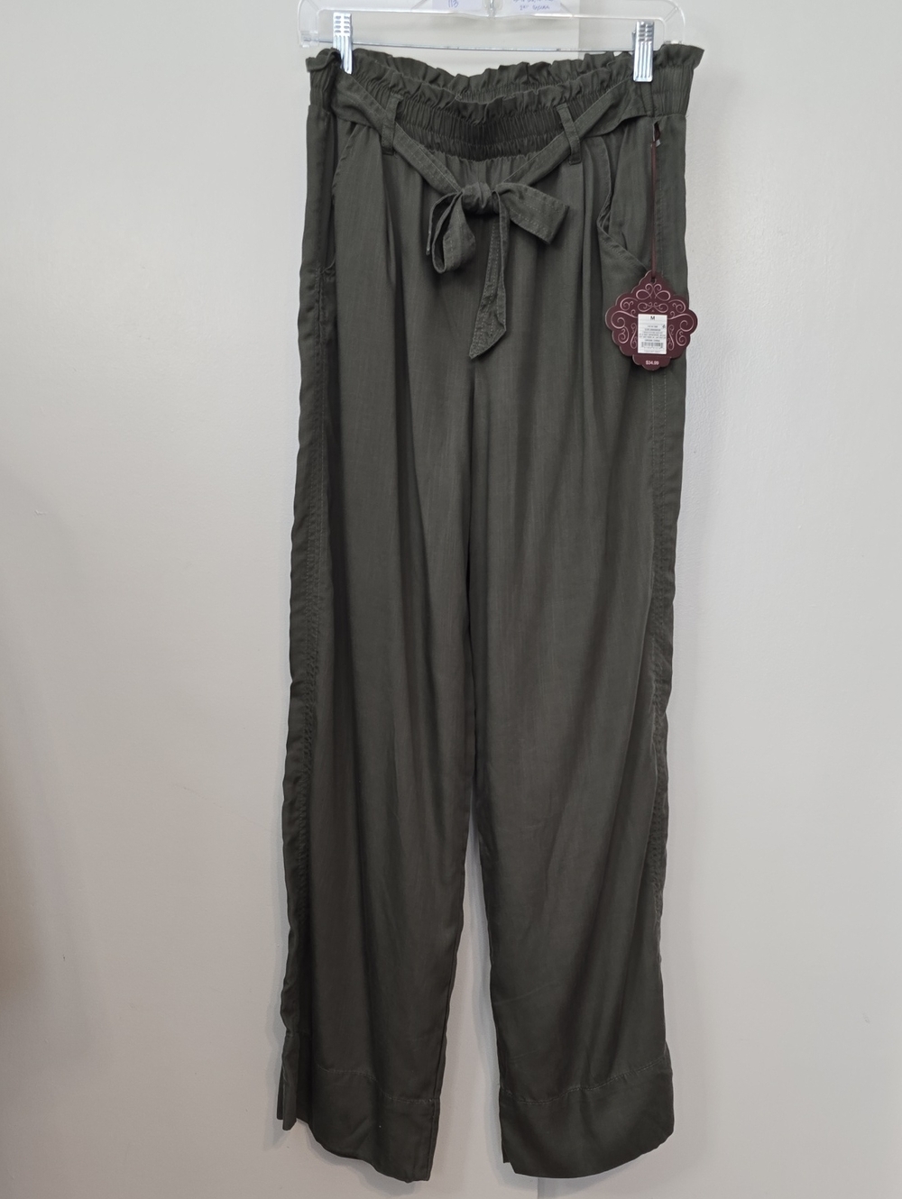 Knox Rose Olive Green Wide-Leg Paperbag Pants with Tie Waist